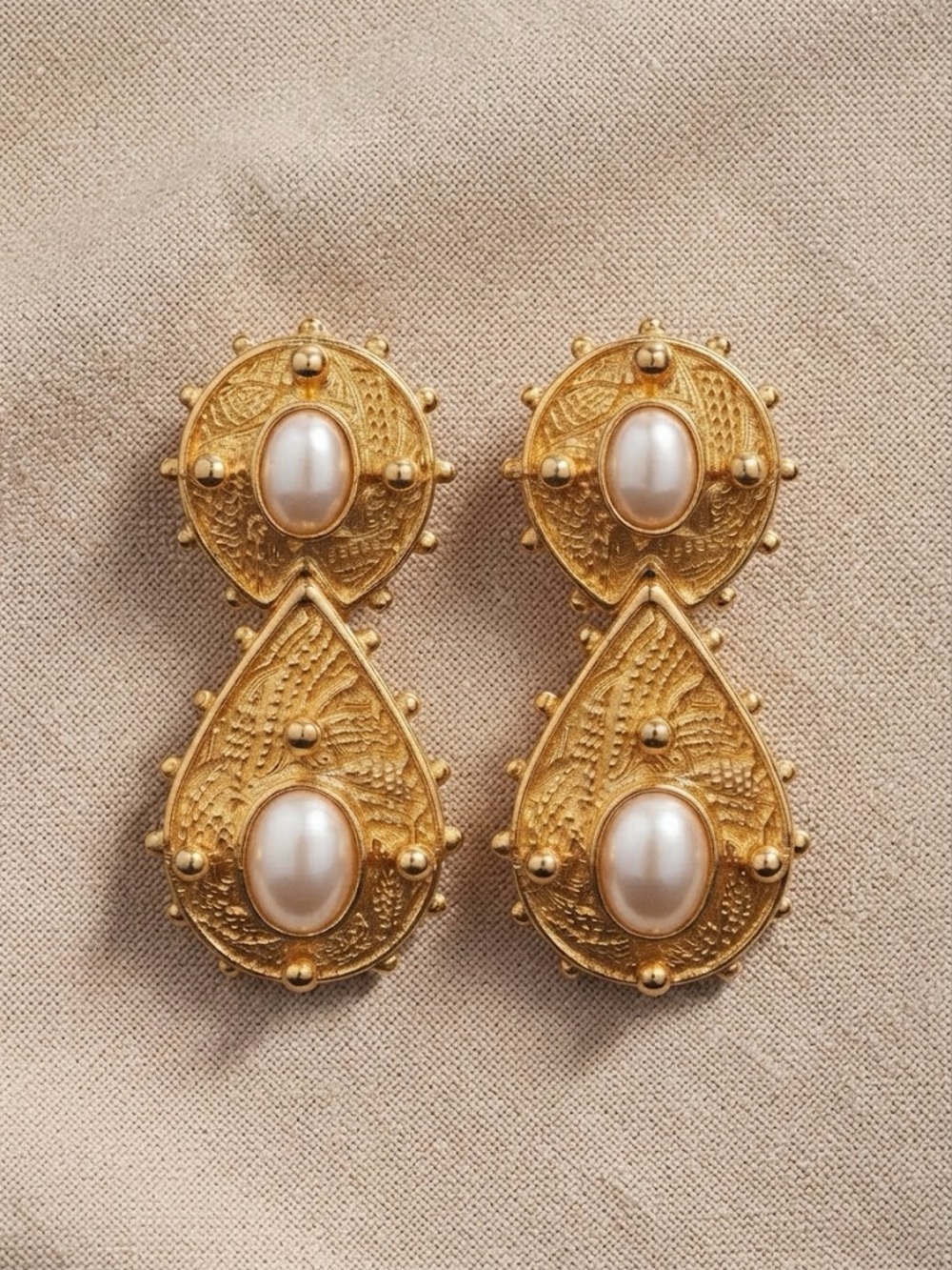 Vintage St. John Signed Etruscan Gold Pearl Statement Clip-On Earrings